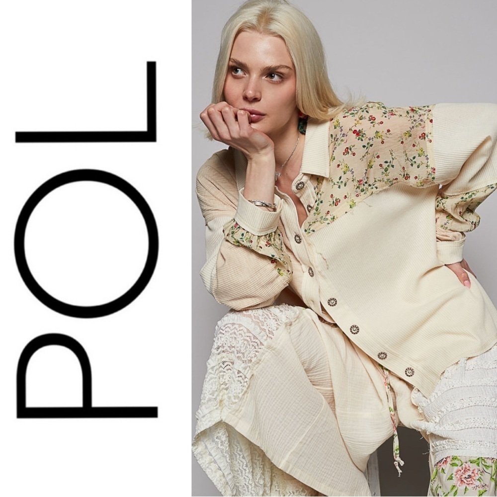 POL Floral & Waffle Knit Mixed Media Shacket ~ Perfect for Layering Year Round